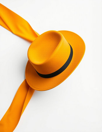 Orange hat and orange ribbon on a white background. Top view.の写真素材