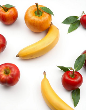 Banana, apples on a white background. Top view.の写真素材