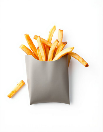 French fries in paper box isolated on white background. Top view.の写真素材