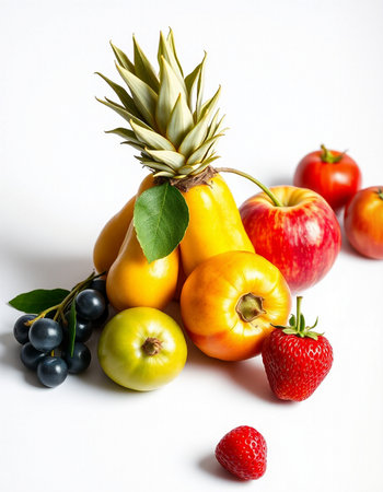 Assortment of fresh fruits and vegetables on white background. Healthy food concept.の写真素材