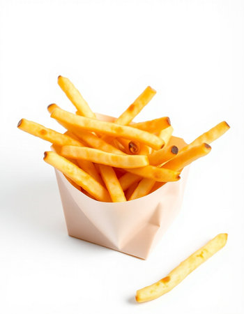 French fries in a paper box on a white background. Fast food.