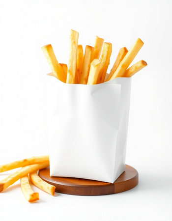 French fries in a white paper bag on a wooden stand on a white background