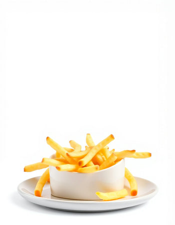 French fries in a bowl on a white background with copy space.の写真素材