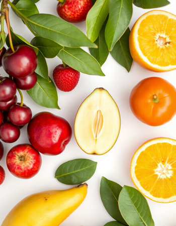 Fruits and vegetables isolated on white background. Flat lay, top view