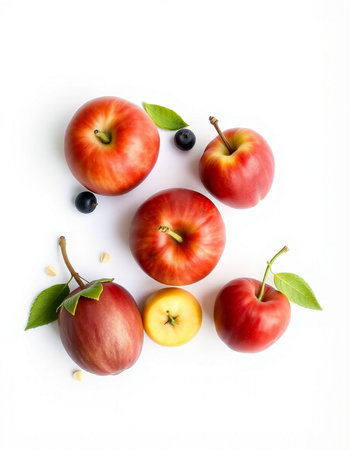 Red apples and blueberries on white background. Flat lay, top view
