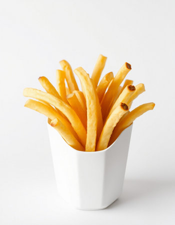 French fries in a white cup on a white background, close-upの写真素材