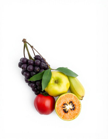 Fruits and vegetables on white background. Healthy eating concept. Top view.の写真素材