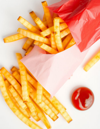 French fries in paper bag with ketchup on white background, top view