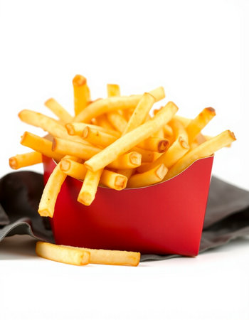 French fries in a red box isolated on white background. Selective focus.