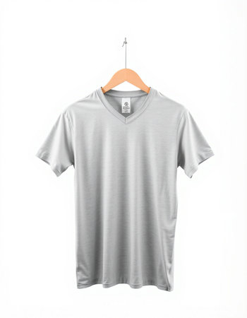 Grey t-shirt on a hanger isolated on white background.の写真素材
