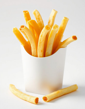 French fries in a paper cup on a white background, close-up