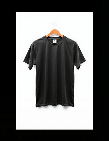 Black t-shirt on hanger isolated on black background. Clipping path included.