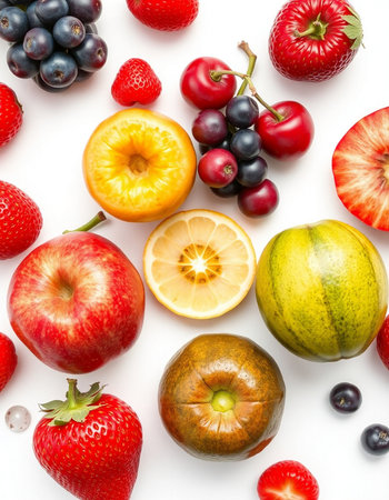 Fruits and berries on a white background. Flat lay, top viewの写真素材