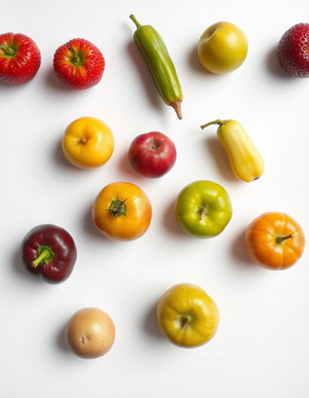 Variety of fruits and vegetables on white background. Top view.の写真素材