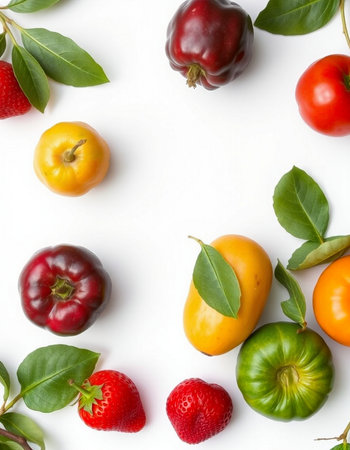 Fruits and vegetables on a white background. Flat lay, top view.の写真素材