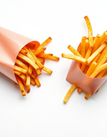 French fries in a paper bag on a white background, top viewの写真素材