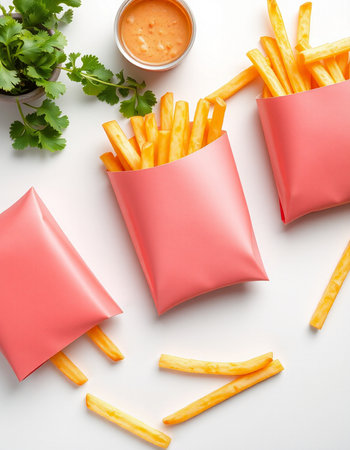 French fries in paper bag with sauce on white background, top viewの写真素材