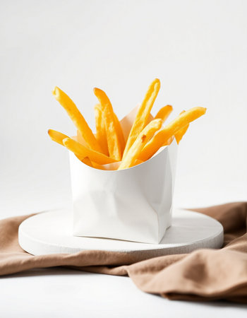 French fries in a white paper cup on a white background. Selective focus.