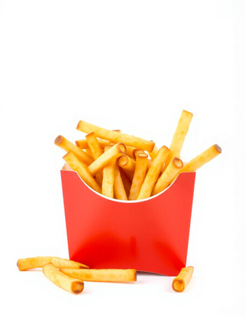 French fries in a red box on a white background. Isolated