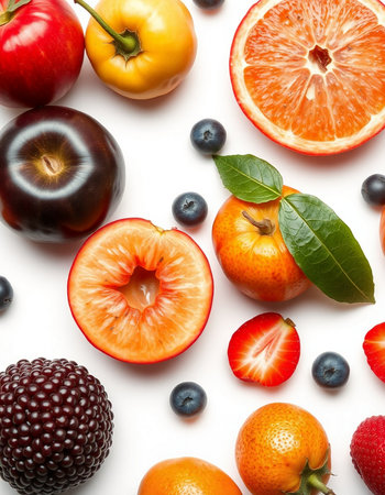 Composition with different fruits and berries on white background, top viewの写真素材