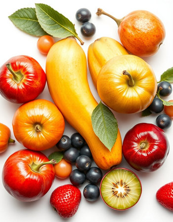 Fruits and vegetables isolated on a white background. Top view.