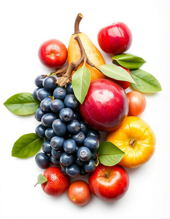 Fresh fruits and vegetables isolated on white background. Healthy food concept.
