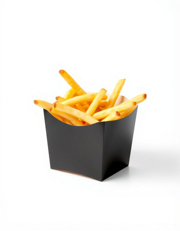 French fries in a black box isolated on white background. Fast food.