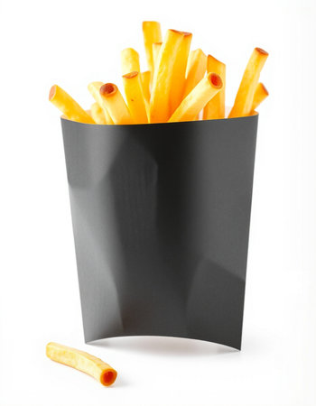 French fries in a black paper box isolated on a white background.