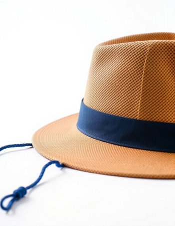 Summer hat isolated on white background. Brown hat with blue ribbon.