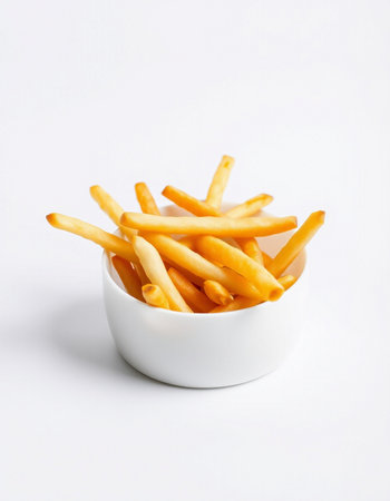 French fries in a bowl on a white background. Selective focus.