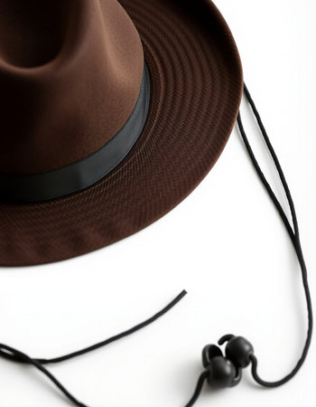 Black hat and earphones on white background with copy space for textの写真素材
