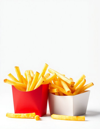 French fries in a red box on a white background with copy spaceの写真素材