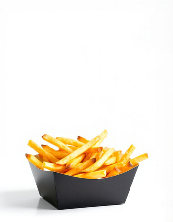 French fries in a black box isolated on white background. Copy space.