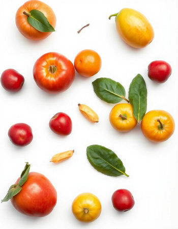 Red and yellow tomatoes with leaves on white background. Flat lay, top viewの写真素材