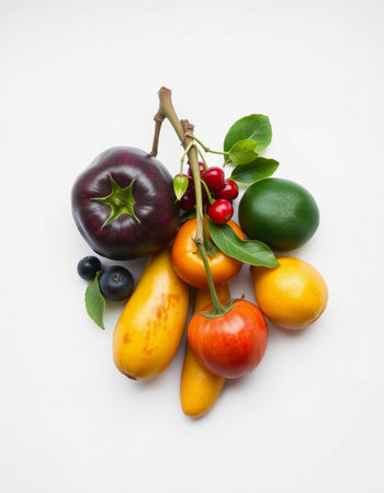 Fruits and vegetables isolated on white background. Healthy food concept.