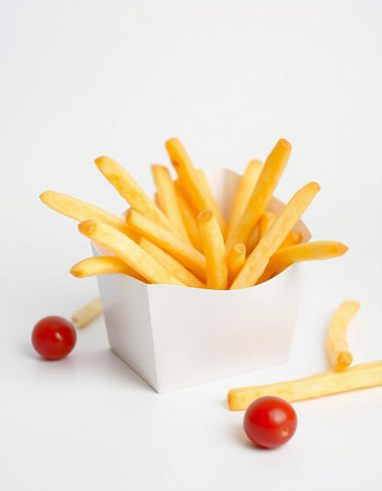 French fries in a white box with cherry tomatoes on a white background