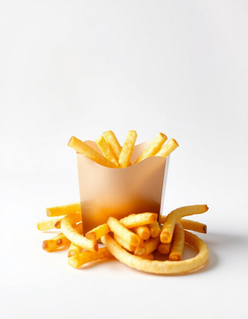 Golden French fries in a paper bag on a white background. Fast food.