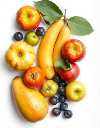 Fresh fruits and vegetables isolated on white background. Top view. Flat lay.