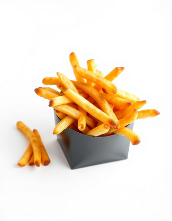 French fries in a black box on a white background. Selective focus.
