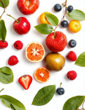Fruits and berries on white background. Flat lay, top view