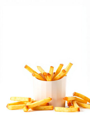 French fries in a white cup on a white background. Isolatedの写真素材