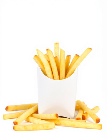 French fries in white box isolated on white background. Selective focus.