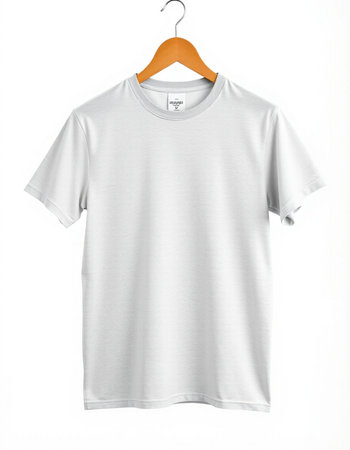 White t-shirt on a hanger on a white background.