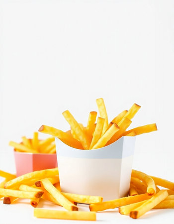 French fries in paper cups on a white background with space for textの写真素材