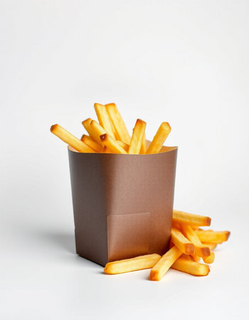 French fries in paper box on white background. Fast food concept.の写真素材