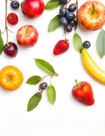 Fruits and berries on white background. Flat lay, top view
