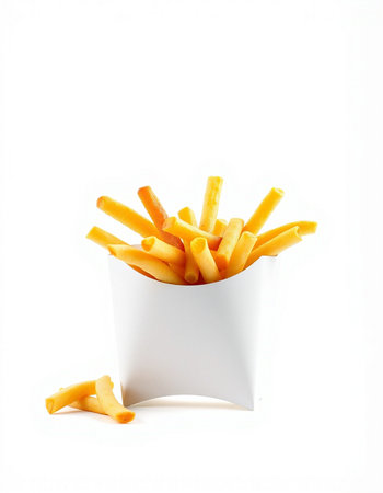 French fries in paper box isolated on white background. Fast food.