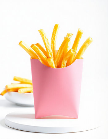 French fries in a paper box on a white background. Selective focus.