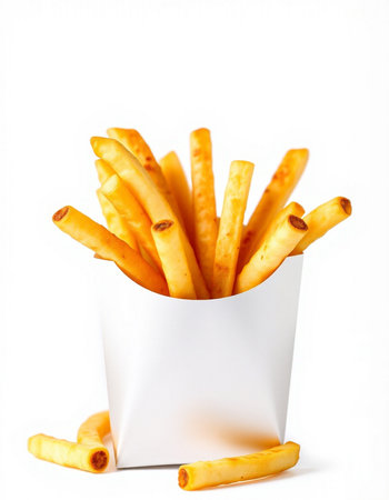 French fries in a paper box on a white background. Isolated