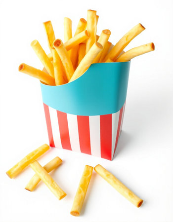 French fries in a box on a white background. Fast food.